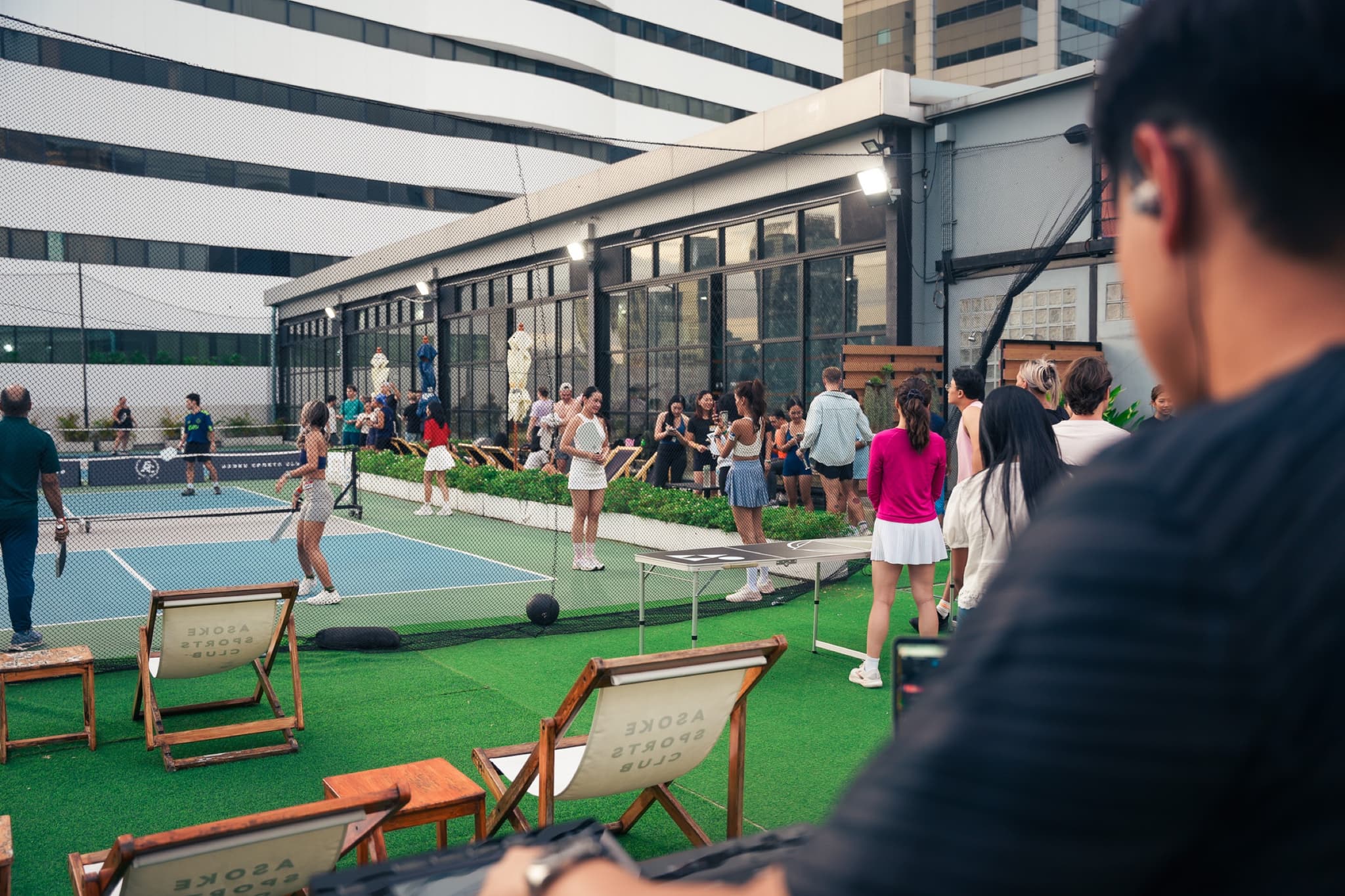 Sunset Social at Asoke Sports Club: pickleball, volleyball, and a Friday skyline