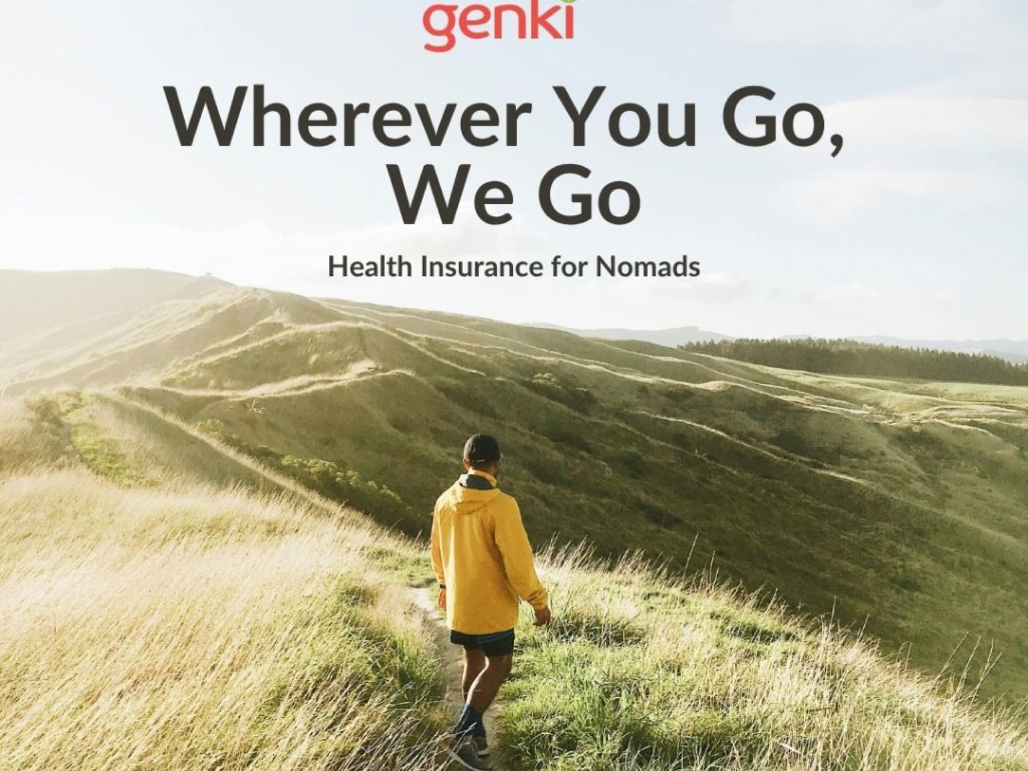 Genki creative with the headline Wherever You Go, We Go and Health Insurance for Nomads on a hiking trail