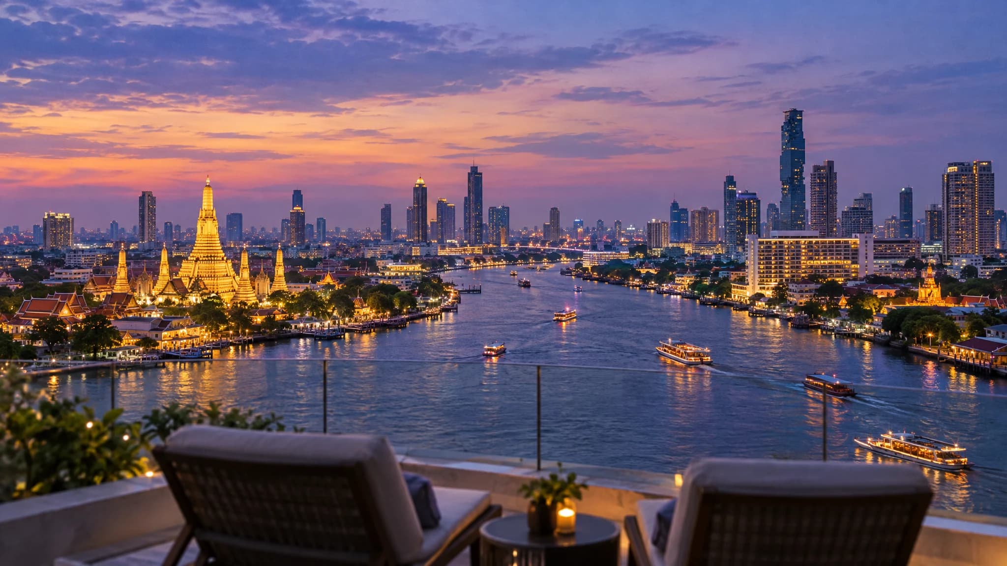 Bangkok and the Chao Phraya river at blue hour, seen from a rooftop terrace