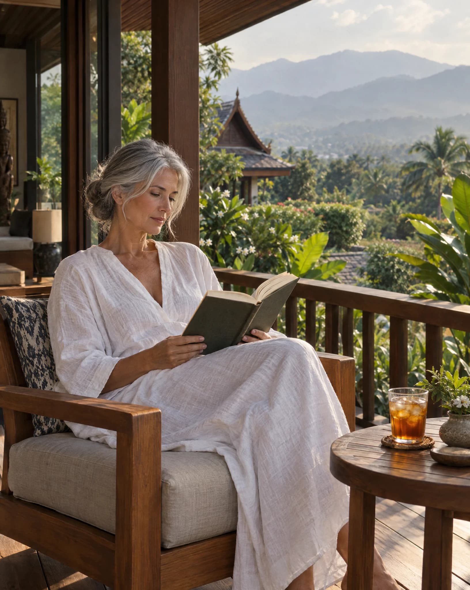 A woman reading on a teak balcony above a garden and mountains in Chiang Mai