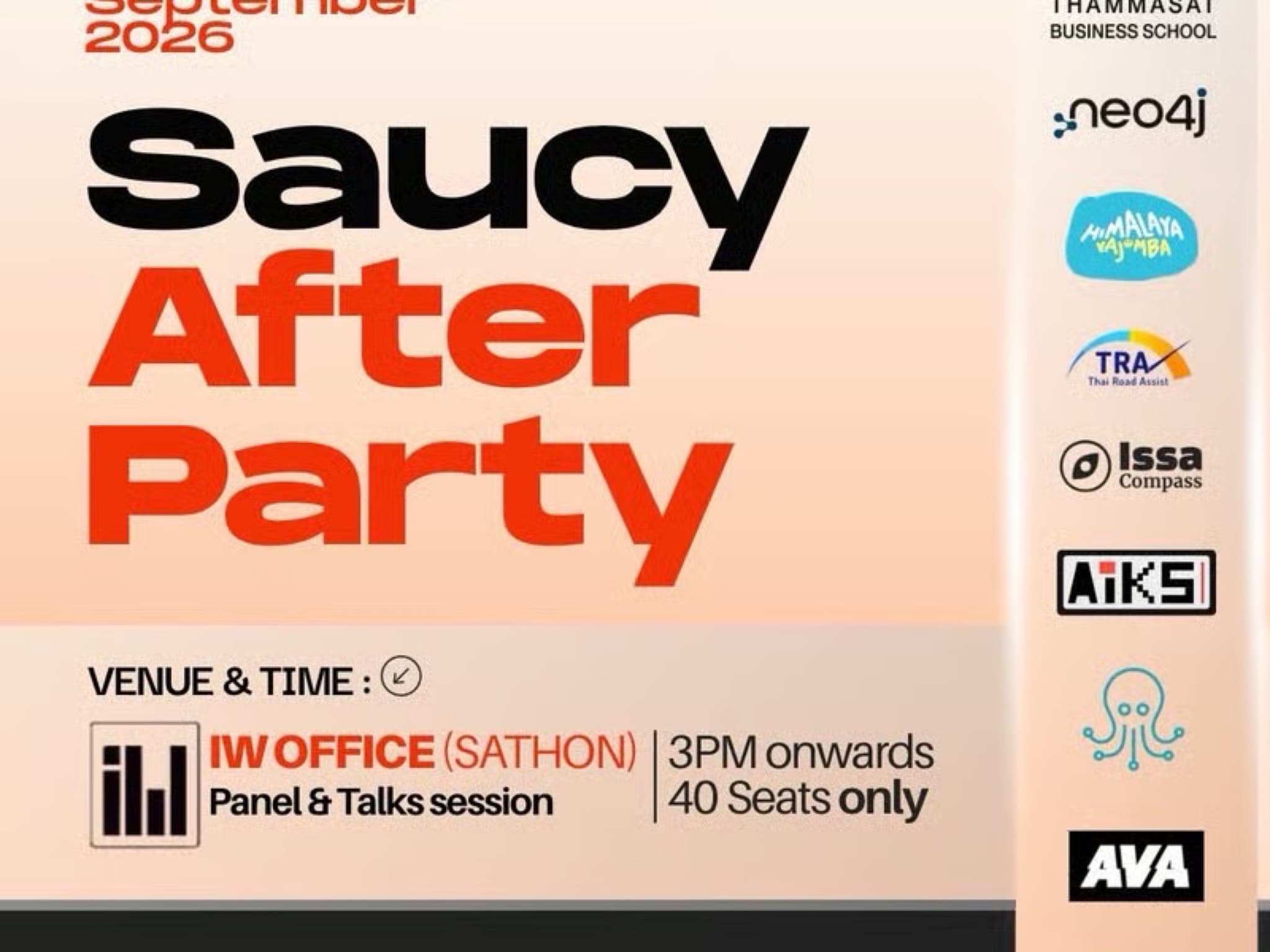 Saucy After Party event poster for 1 September 2026 with panel at IW Office Sathorn and networking at Glowfish Sathorn, listing AIKS, Thammasat Business School, and Issa Compass among partners