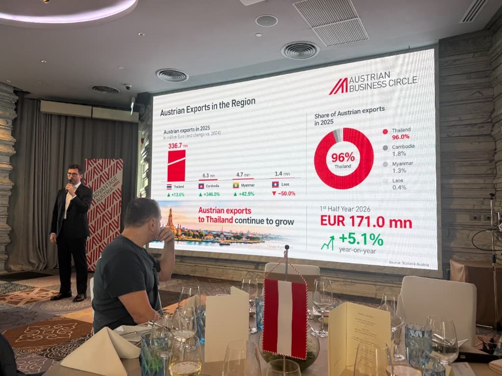 A speaker at the Austrian Business Circle Luncheon beside a screen showing Austrian export statistics for Thailand and Southeast Asia