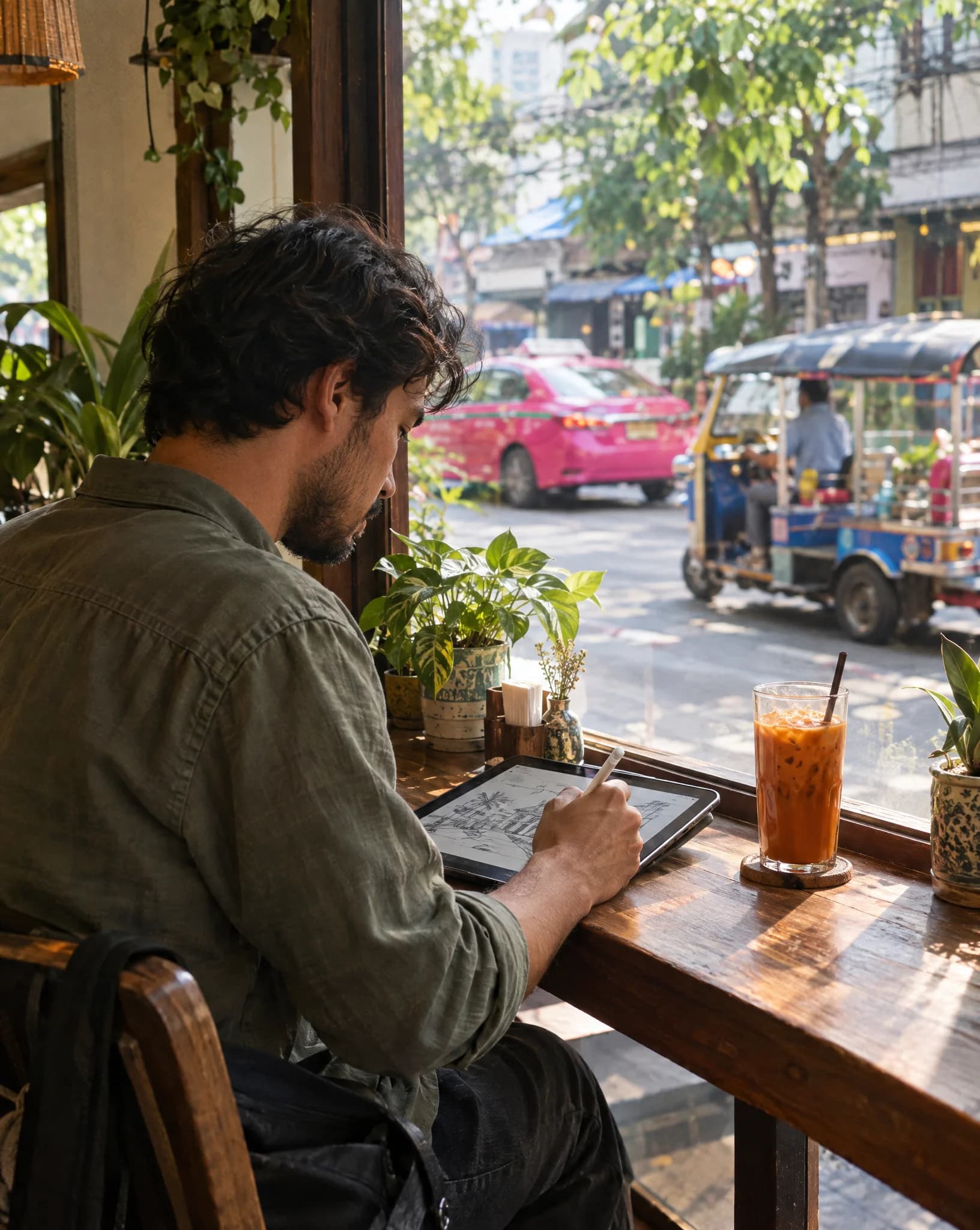 A remote worker on a laptop at a cafe table in Thailand