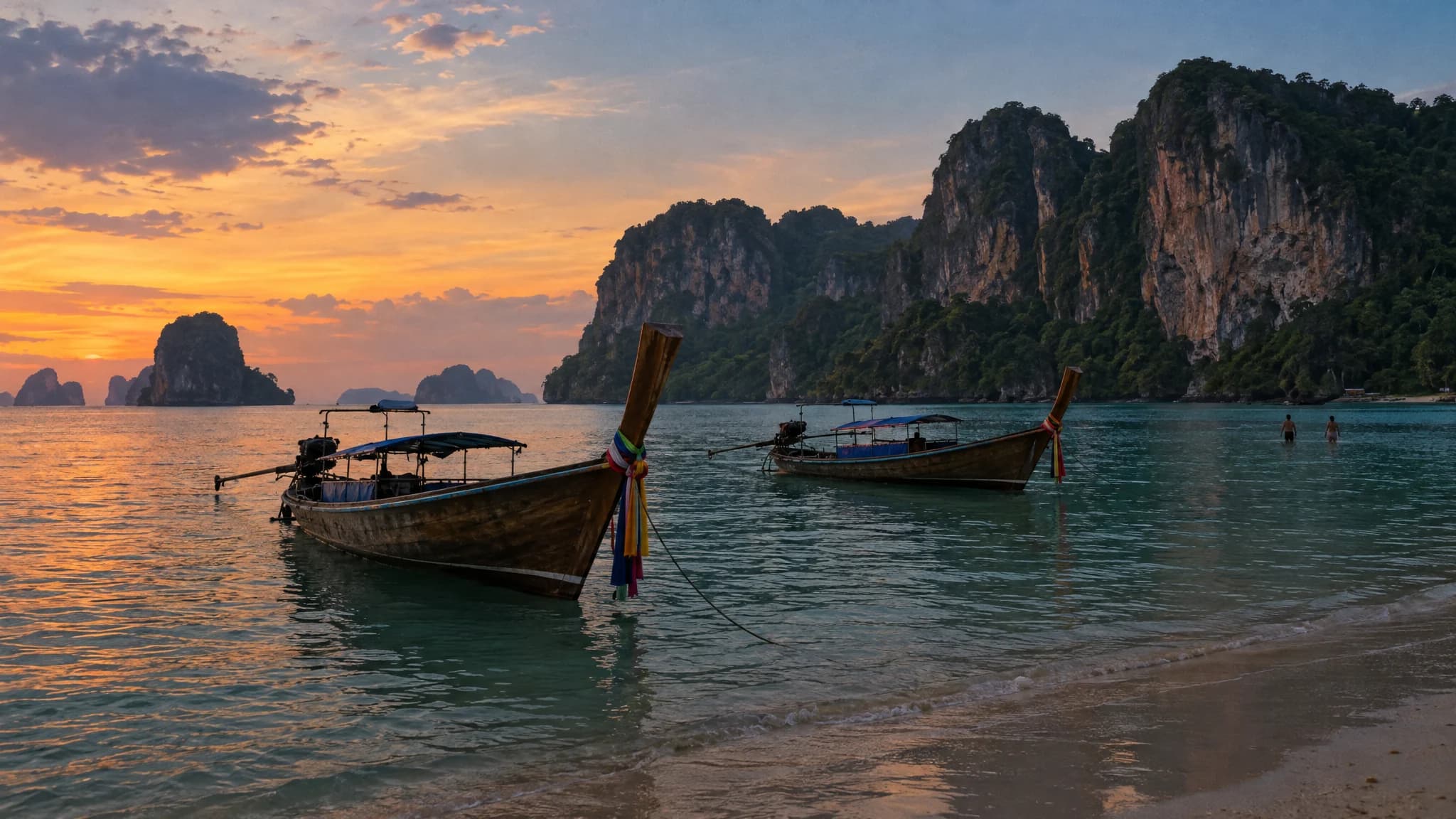 Longtail boats on calm water below Krabi limestone cliffs at dusk