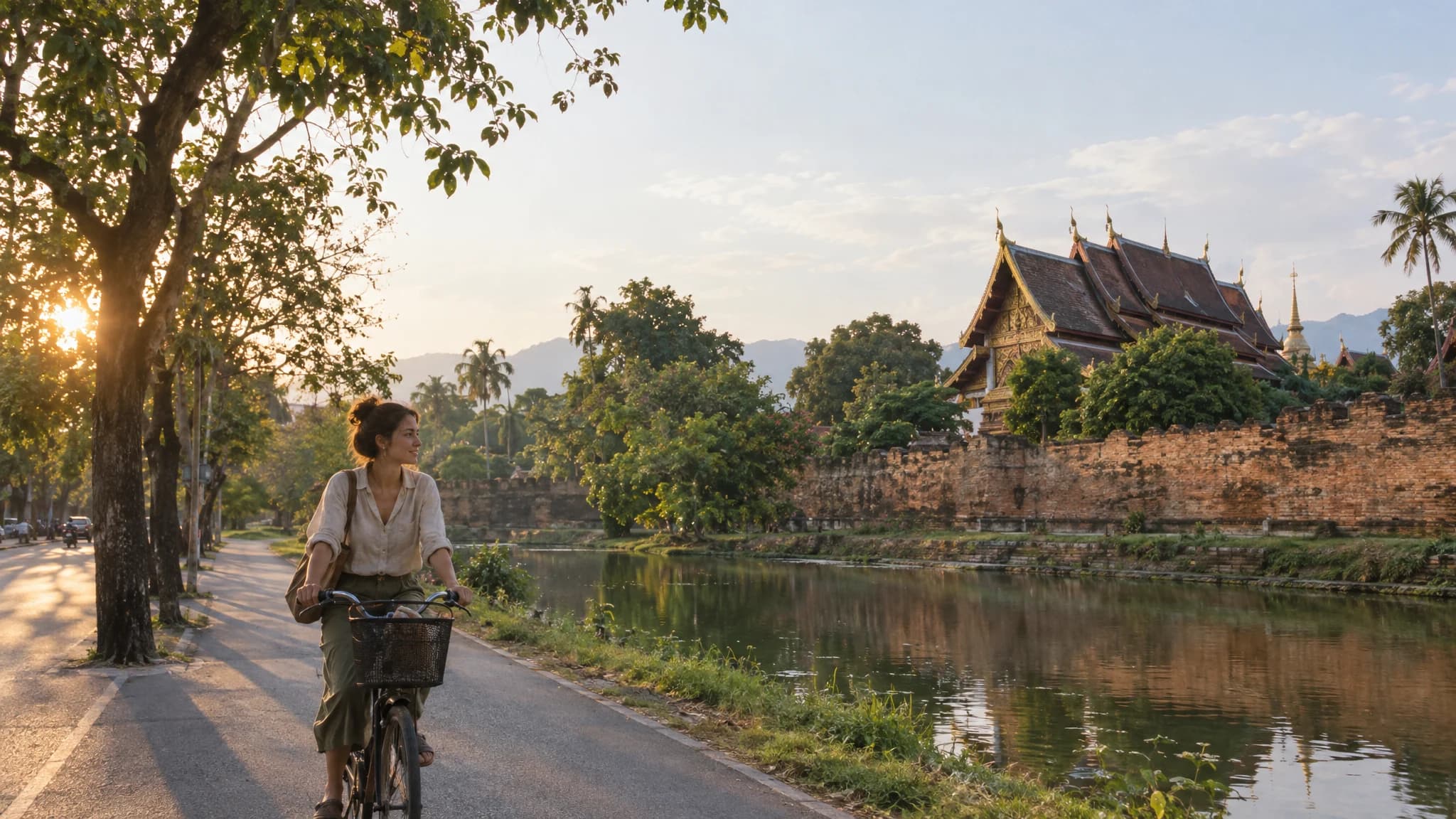 A woman cycling beside the Chiang Mai old city moat, a temple roof above the wall